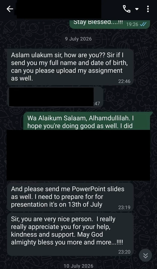 Anonymised WhatsApp feedback from an Academic Standard client.