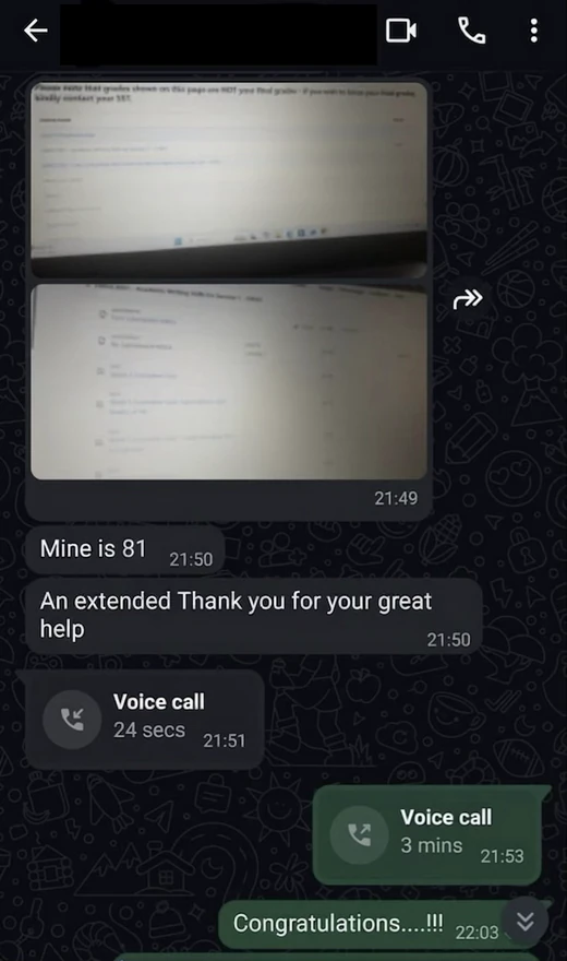 Anonymised WhatsApp feedback from an Academic Standard client.
