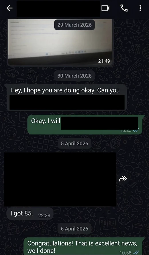 Anonymised WhatsApp feedback from an Academic Standard client.