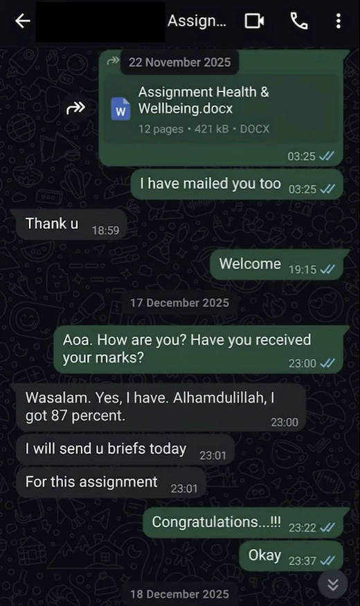 Anonymised WhatsApp feedback from an Academic Standard client.