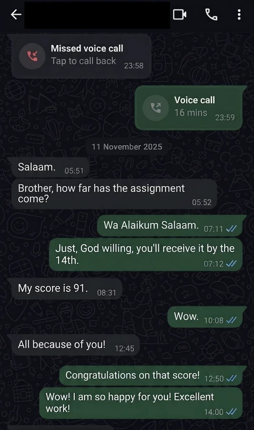 Anonymised WhatsApp feedback from an Academic Standard client.