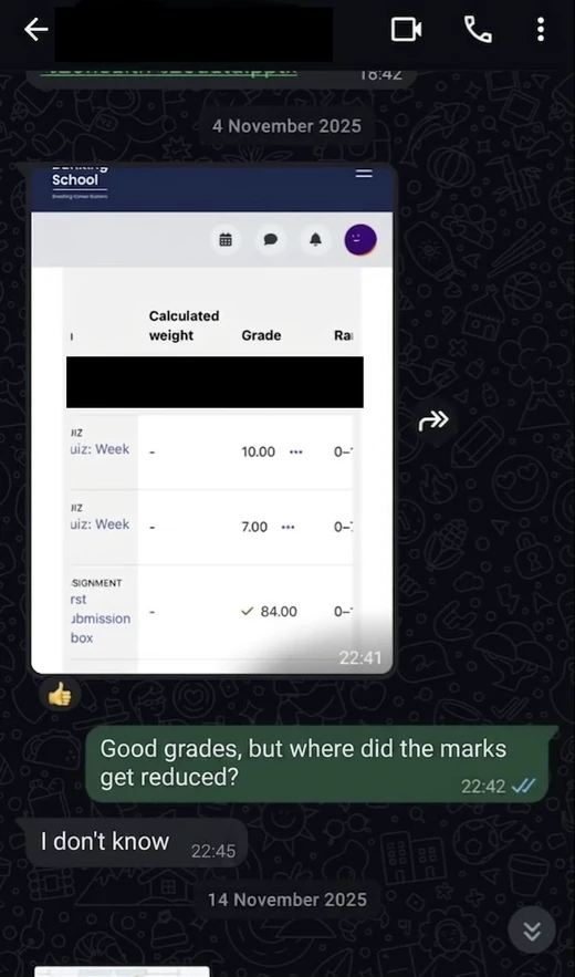 Anonymised WhatsApp feedback from an Academic Standard client.