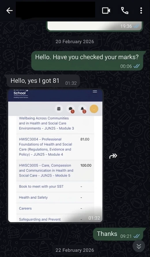 Anonymised WhatsApp feedback from an Academic Standard client.