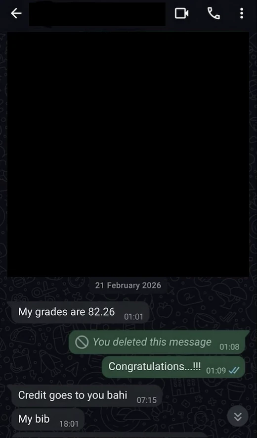 Anonymised WhatsApp feedback from an Academic Standard client.